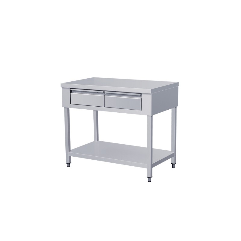 TABLE DE TRAVAIL AVEC 2 TIROIRS ET AVEC SOUS-TABLETTE. Paques SA votre spécialiste de la vente de matériel horeca & cuisine sur