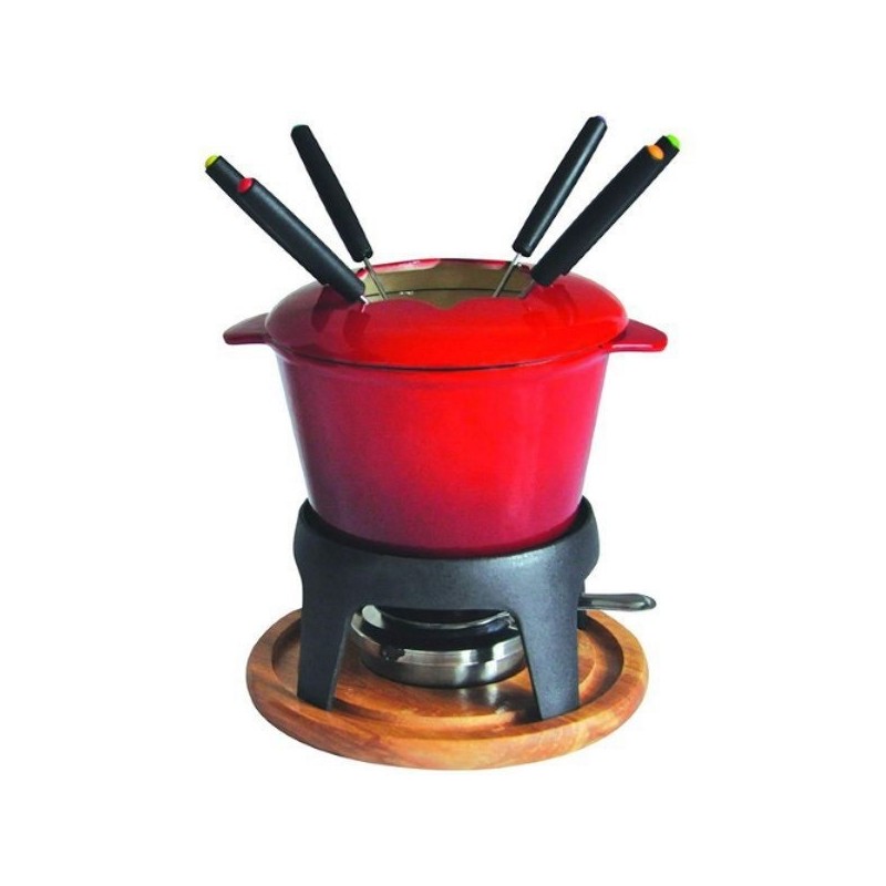 Service à fondue en fonte rouge et plateau en bois. Pâques le spécialiste du matériel horeca, ustensiles de cuisine professionne