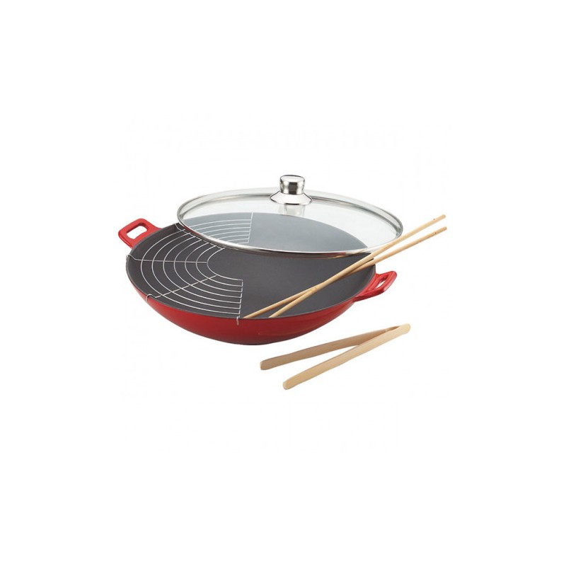 Wok en fonte Ø36cm + couvercle en verre + Set pince/baguettes. Pâques le spécialiste du matériel horeca, ustensiles de cuisine p