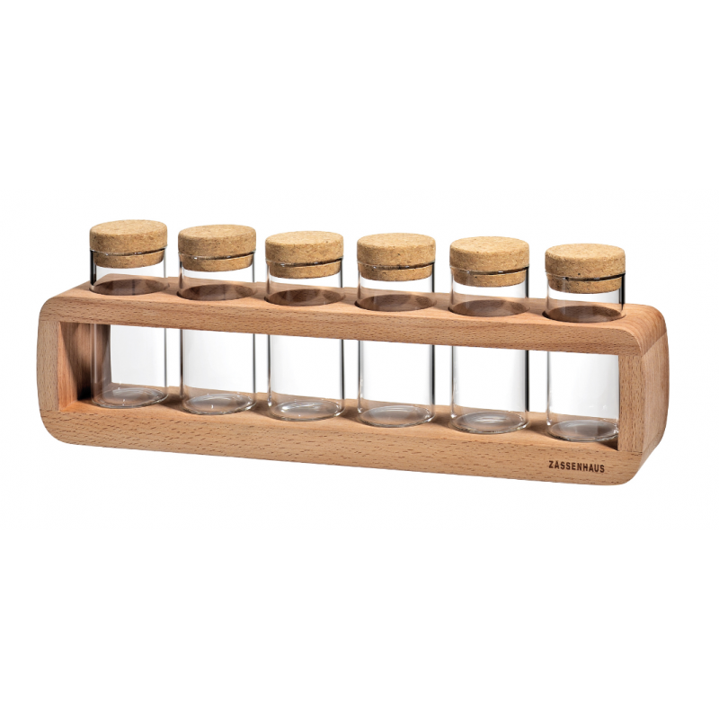 Set 6 pots en verre + support en bois