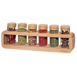 Set 6 pots en verre + support en bois