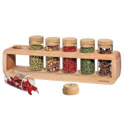 Set 6 pots en verre + support en bois